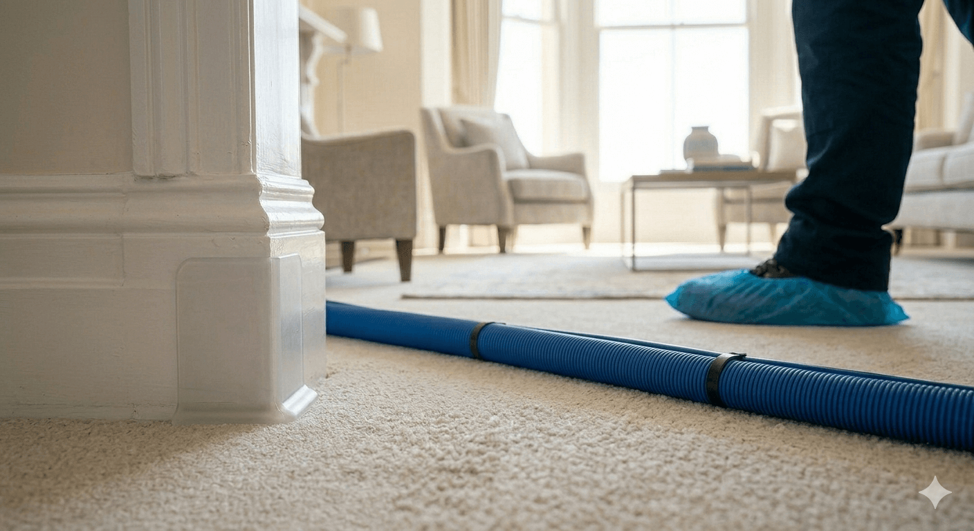 Hose corner guards and technician overshoes protecting a Torquay home during a clean.