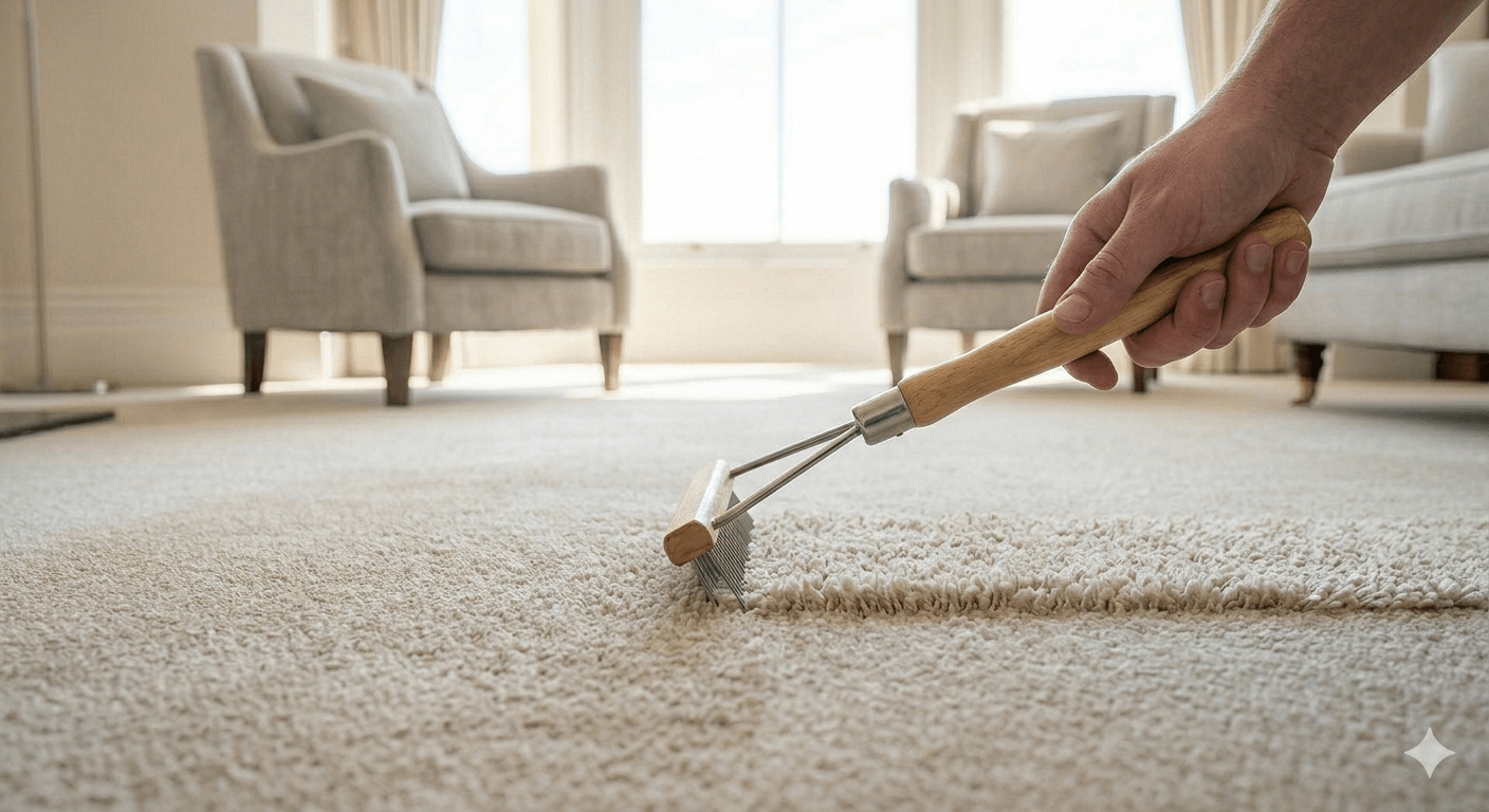 Grooming tool being used to set the pile on a freshly cleaned Torquay wool carpet.