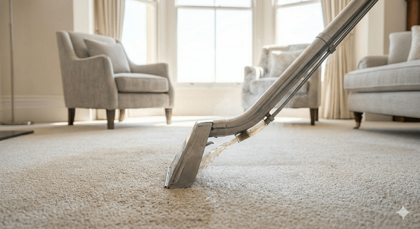 Visible dirt being lifted from a Torquay wool carpet using steam extraction.