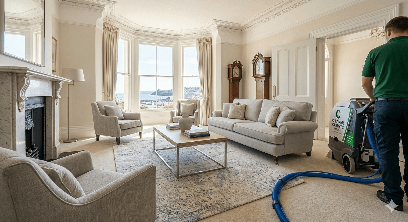 Premium Floor Care Torquay Deep carpet extraction in a modern-classic Torquay villa living room overlooking the marina.