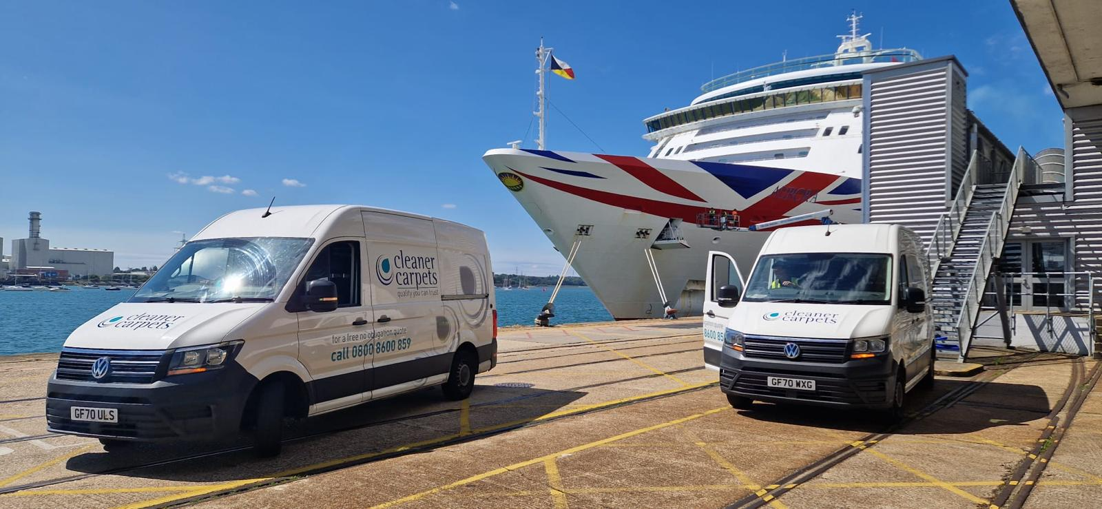 Scalable Textile Restoration for Major Fleets Multiple Cleaner Carpets specialized units managing large-scale, simultaneous changeovers for a major cruise line at a terminal.